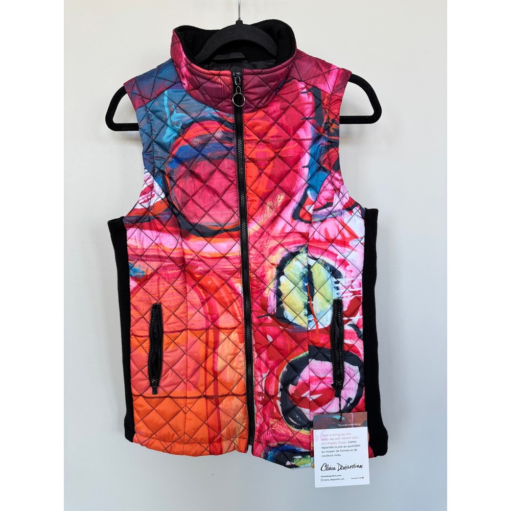 Claire Desjardins Abstract Art Quilted Puffer Vest Multi Color Zip Up Small NWT